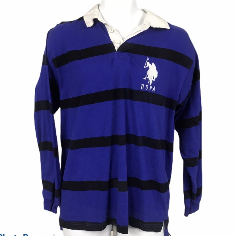 U.S. Polo Assn Blue Black Stripe Long Sleeve Men's Polo Shirt with Large Pony
